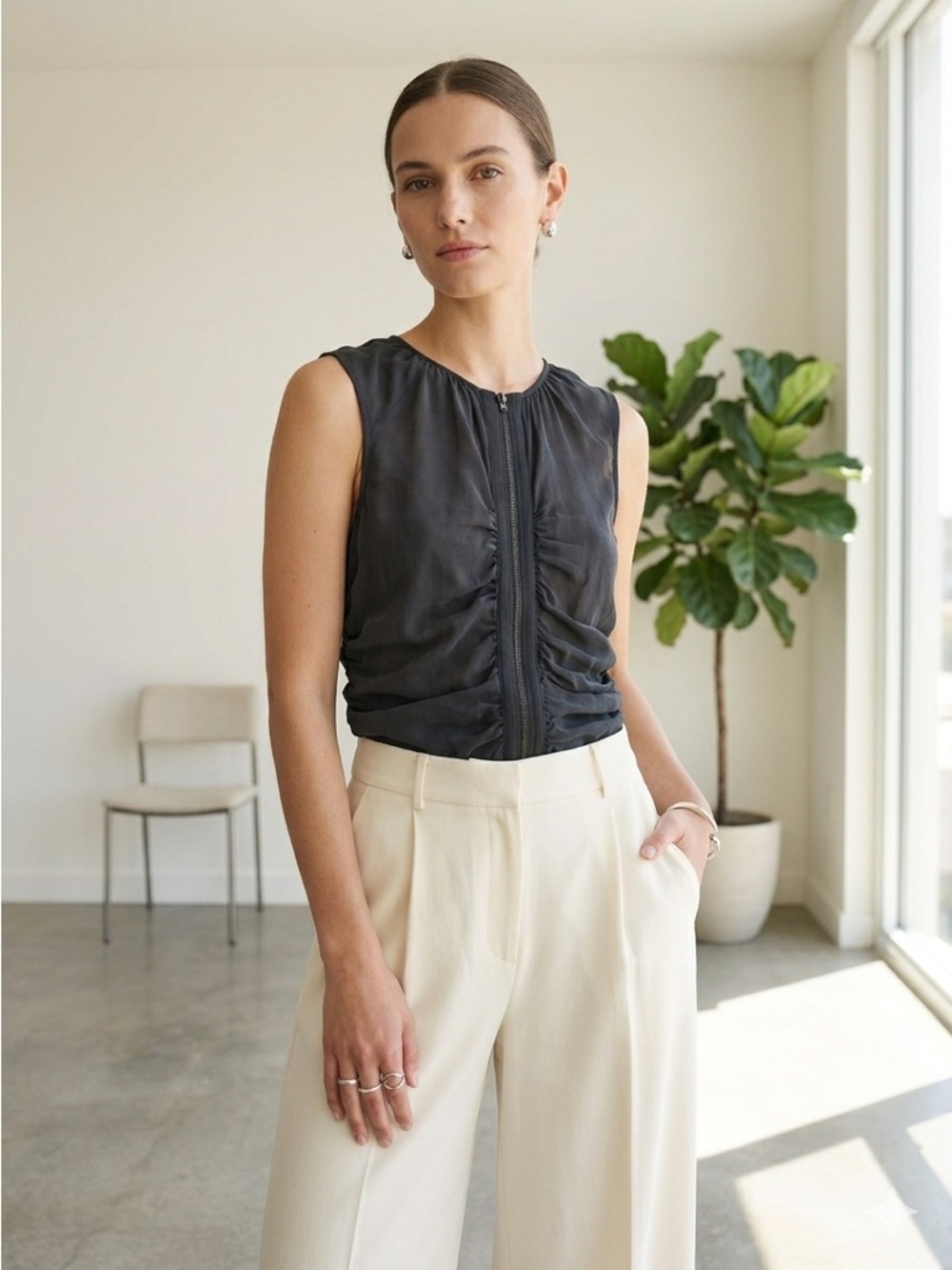Vintage Catherine Malandrino Y2K Black Silk Ruched Sleeveless Top - US 4 (Small)